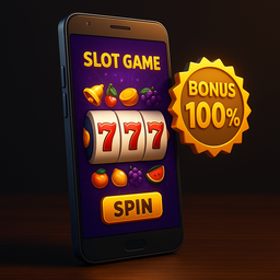 Ilustrasi 3D smartphone Android dengan tampilan game slot modern dan bonus besar
