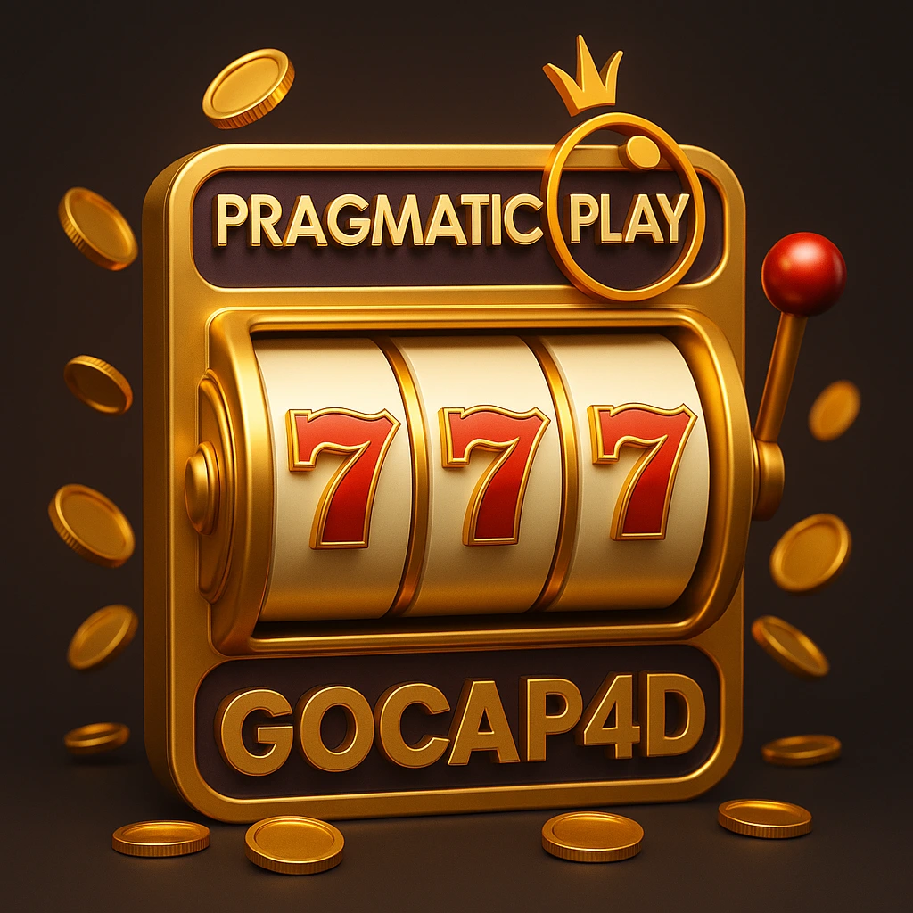 Ilustrasi 3D slot Pragmatic Play dengan simbol 777 dan logo GOCAP4D, menampilkan tema slot online gacor penuh koin emas dan nuansa mewah.